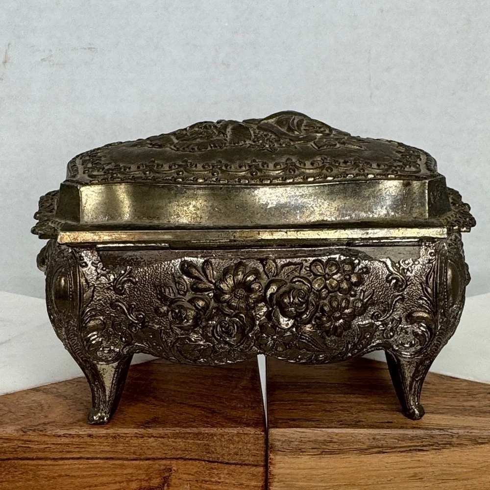 Vintage Ornate Rococo Silver Jewelry Casket with Red Lining